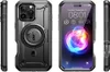 A collage of three images showing a black phone case from the side, back, and front with the phone screen on. Produktbild-Vorschau
