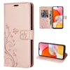 A collage of images showing a rose gold flip phone case with a floral and butterfly design, including shots of the case open with cards and cash, and the case closed. Produktbild-Vorschau