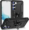 A black protective phone case with a ring stand is shown from multiple angles. Produktbild-Vorschau