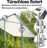 A close-up view of a metal chicken coop with a white tarp and green foliage in the background. The image highlights the locking mechanism and frame structure. Náhled obrázku produktu