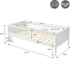 A white children's bed with dimensions and features indicated by measurement lines and text. Produktbild-Vorschau