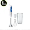 A white and blue Braun hand blender with accessories and a glass beaker, set against a white background. A green circular overlay with '5 anni di garanzia' is in the top left corner. Produktbild-Vorschau
