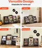 Collage showing a black record storage shelf used in different home settings like a nightstand, side table, coffee table, and decorative storage. Podgląd zdjęcia produktu