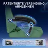 Close-up of a green gaming chair armrest, highlighting its patented connection with glowing blue accents and a lock icon. Produktbild-Vorschau