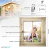 A wooden garden house with a window, showing dimensions and features. Produktbild-Vorschau