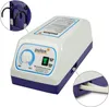 A white and blue medical air pump with a dial and switch, shown from a diagonal front view. Close-up insets show tubing connections. Produktbild-Vorschau