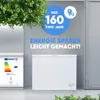 A white chest freezer is shown with an energy label next to it and a green plant above. Promotional text is superimposed on the background. Produktbild-Vorschau