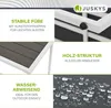 A collage of images showcasing features of outdoor furniture, including stable feet, wood structure, and water-repellent properties. Produktbild-Vorschau