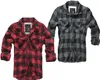 Two flannel shirts, one red and black, the other gray and black, are displayed side-by-side against a white background. Produktbild-Vorschau