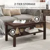 A coffee table in a living room setting, with text overlays highlighting its features. Produktbild-Vorschau
