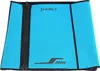 A blue neoprene waist support with a black zipper and black trim, lying flat against a white background. The product has a logo and a graphic design printed on it. Produktbild-Vorschau
