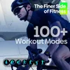 A man is riding a bicycle, wearing a helmet and sunglasses. The image has text overlays highlighting fitness features. Podgląd zdjęcia produktu