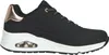 A side view of a single black Skechers women's sneaker with white soles and rose gold accents. Voir les images du produit
