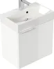 A white bathroom vanity with a sink and faucet, shown from a slightly elevated angle against a white background. Produktbild-Vorschau