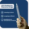 A hand holding a gray LED candle with a flame, next to descriptive text and icons. Produktbild-Vorschau