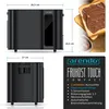 A collage of images showing a black toaster, its dimensions, and a close-up of toast with spread. Produktbild-Vorschau