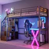 A loft bed with a desk, wardrobe, and shelves, set up in a room with neon lighting. Podgląd zdjęcia produktu