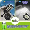 A collage showing a solar street light during the day and night, with close-ups of its solar panel and LEDs, and a battery icon and text description. Voir les images du produit