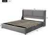 A grey upholstered bed frame with a headboard and wooden slats, shown with dimensions indicated. Produktbild-Vorschau