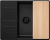 A top-down view of a black kitchen sink with a wooden cutting board placed over one section. Produktbild-Vorschau