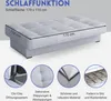A light gray sofa bed is shown from a slightly elevated angle, with callout circles below highlighting features. Produktbild-Vorschau
