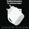 A white USB-C charger with a cable, presented against a black background with text and icons highlighting its features. Produktbild-Vorschau