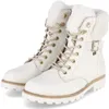 A pair of white winter boots with cream-colored laces and faux fur trim, shown against a white background. Produktbild-Vorschau