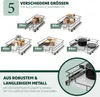 A collage of different sizes of pull-out kitchen drawers, with text describing their features and sizes. Produktbild-Vorschau