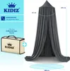 A dark gray canopy is shown hanging, with dimensions and a storage bag displayed on the left. Produktbild-Vorschau
