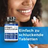 A woman is holding a tablet near her mouth, with a bottle of supplements in the foreground and promotional text on a blue background. Náhled obrázku produktu