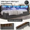 A bed with LED lighting and storage compartments, shown in a bedroom setting with additional close-up views of the storage. Náhľad obrázku produktu