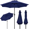 A collection of navy blue patio umbrellas, one fully open and angled, another open and tilted, and two closed. Produktbild-Vorschau