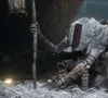 A close-up view of a creature with fur and robotic limbs, holding a staff in a snowy environment. Produktbild-Vorschau