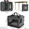 Collage of images showing a foldable dog crate with dimensions and a table. Produktbild-Vorschau