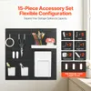 A pegboard organizer with various accessories displayed on a wall, with a diagram of accessories and their quantities on the right. Produktbild-Vorschau