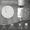 A white heating element for a radiator is shown, with text overlays detailing its specifications. Produktbild-Vorschau