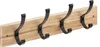 A wooden coat rack with four black metal hooks against a white background. Náhled obrázku produktu