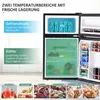 A split image showing a refrigerator with its doors open, highlighting its compartments and contents, alongside text and smaller images illustrating food storage options. Podgląd zdjęcia produktu