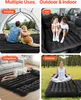 Collage of four images showing an inflatable mattress being used in different settings: camping, in a car, in a living room, and outdoors. Podgląd zdjęcia produktu