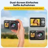 A hand holding a digital camera with a selfie screen, with other camera views and text overlays. Produktbild-Vorschau