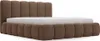 A brown upholstered bed with a mattress on a white background. Produktbild-Vorschau