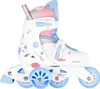 A white inline skate with blue and pink accents, shown against a white background. Produktbild-Vorschau