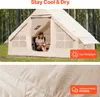 A tent set up in a forest clearing, with a person reading inside. The second image shows a close-up of the tent fabric with water droplets. Anteprima dell’immagine prodotto