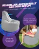 A collage showing a grey beanbag chair and a young boy sitting on another grey beanbag chair outdoors. Produktbild-Vorschau