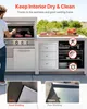 An outdoor kitchen island with a grill and drawers, featuring close-up shots of welding quality. Produktbild-Vorschau