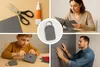 A collage of four images showing different aspects of working with felt, including materials, a woman cutting felt, a child sewing a felt item, and a man applying felt tiles to a wall. Náhled obrázku produktu