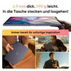 A collage of images showcasing a tablet, its thinness, and people using it in different settings. Produktbild-Vorschau