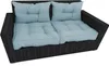 A studio shot of a two-seater outdoor sofa with light blue cushions. Produktbild-Vorschau