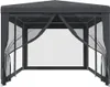 A dark grey party tent with mesh side walls is shown from the front. Produktbild-Vorschau
