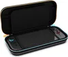 A black travel case for a Nintendo Switch is open, showing the console inside. Produktbild-Vorschau